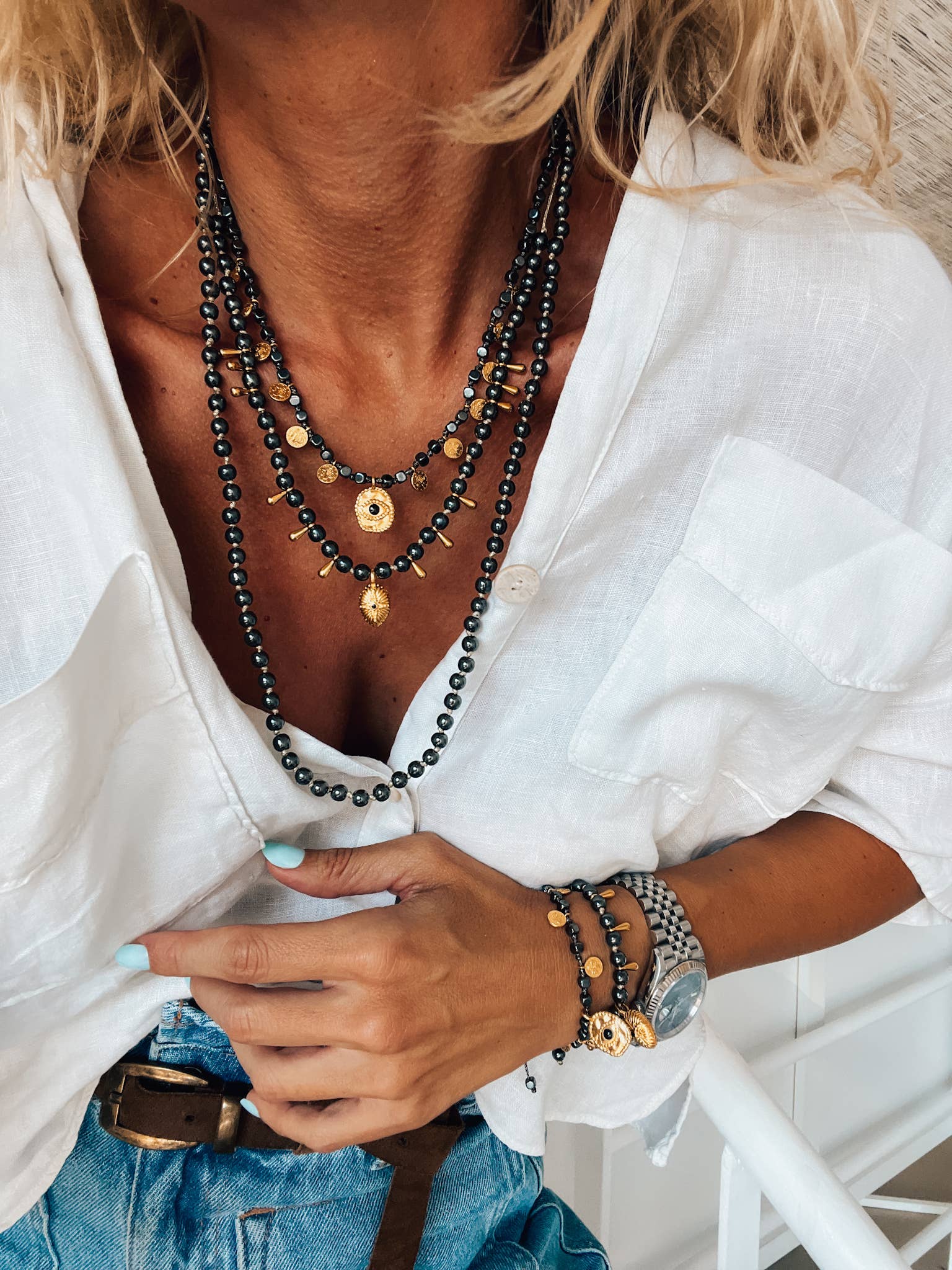 Chocker Charm / Black hematite beaded necklace