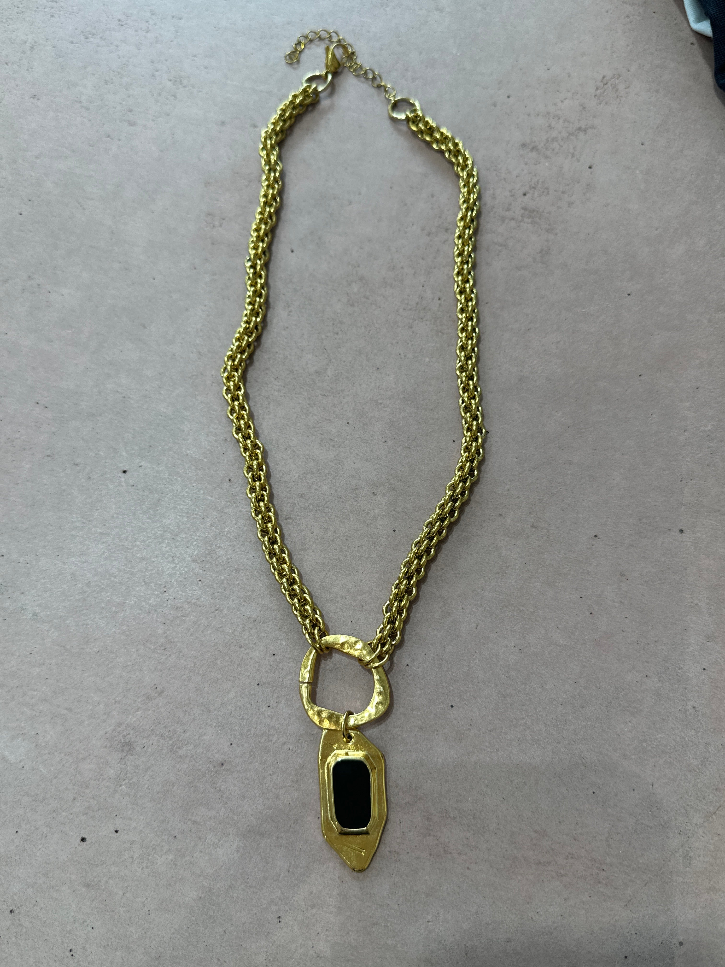 Statement gold charm necklaces with chunky chains: Black enamel detail tag Necklace