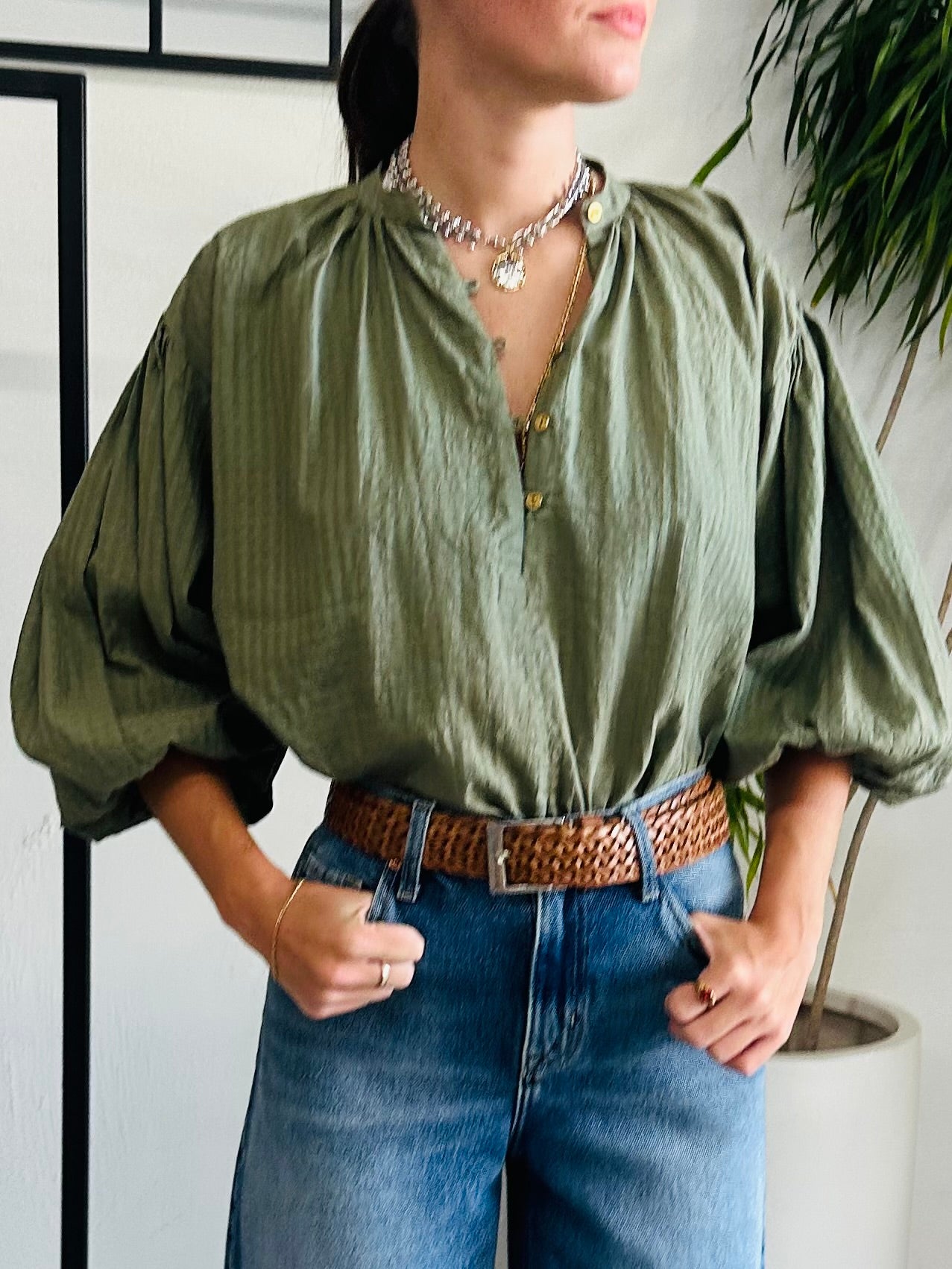 Olive Check Birdie Organic Cotton Blouse