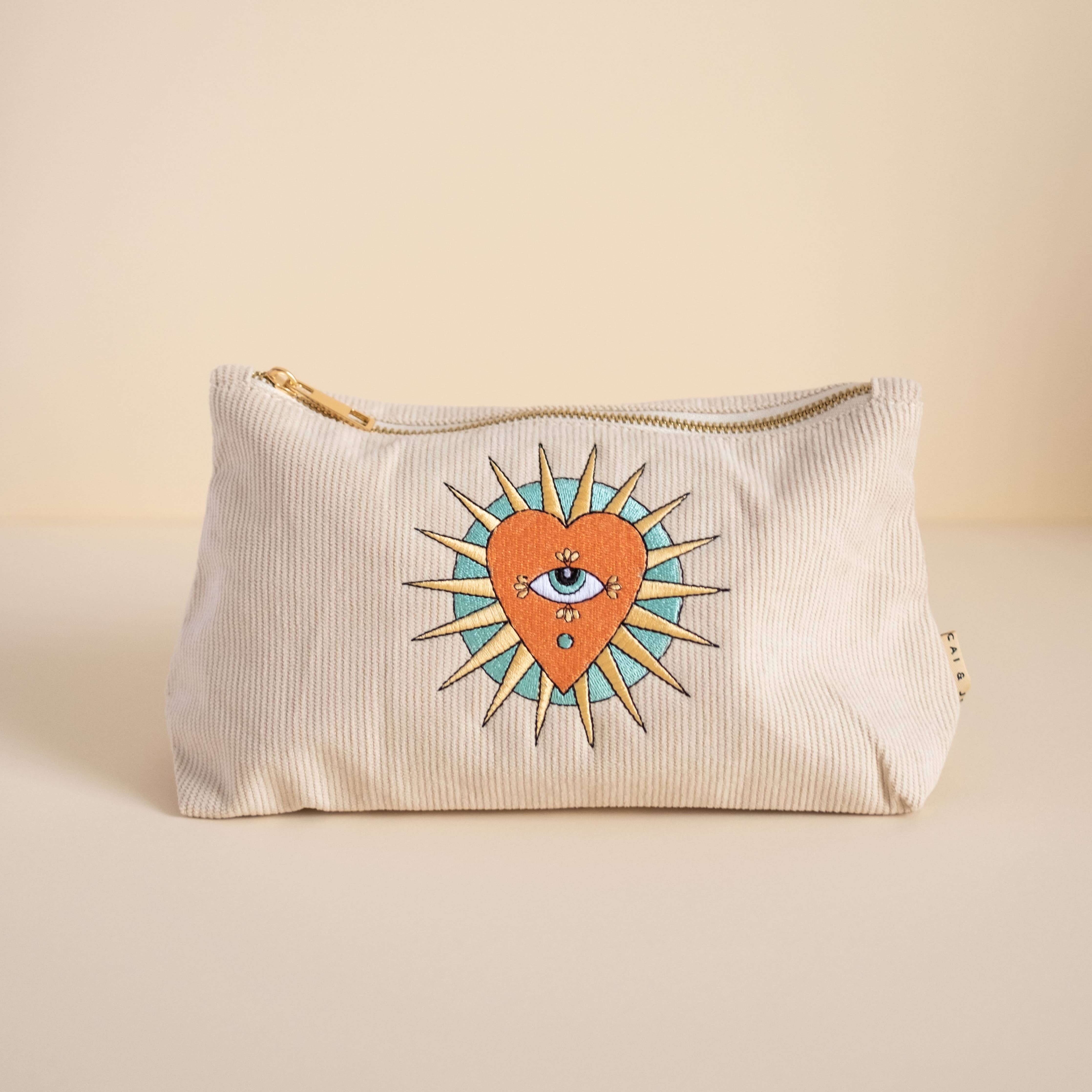 Heart Corduroy Pouch in Stone
