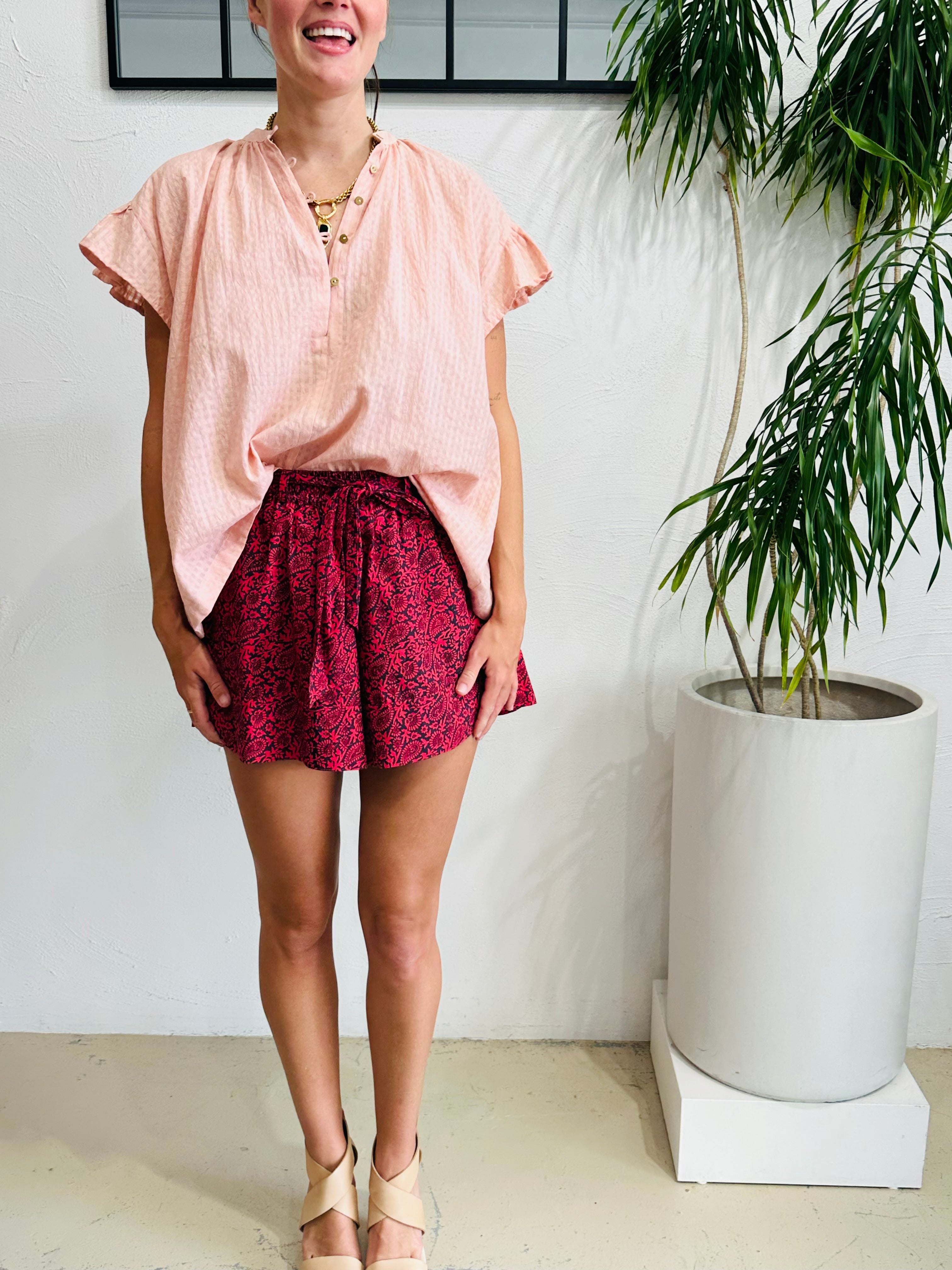 Red Paisley Short Gathered Waist Organic Cotton