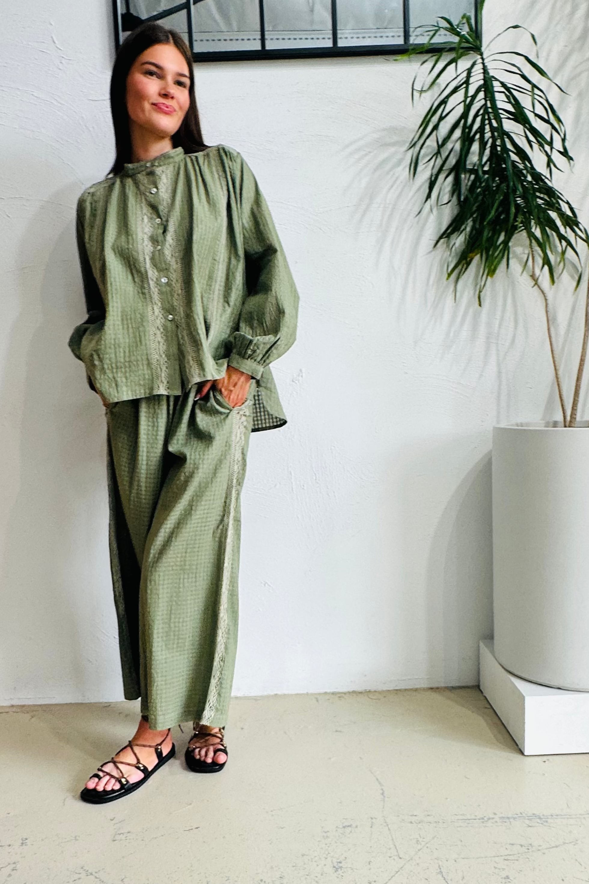 Olive Check Lucy Organic Cotton Blouse