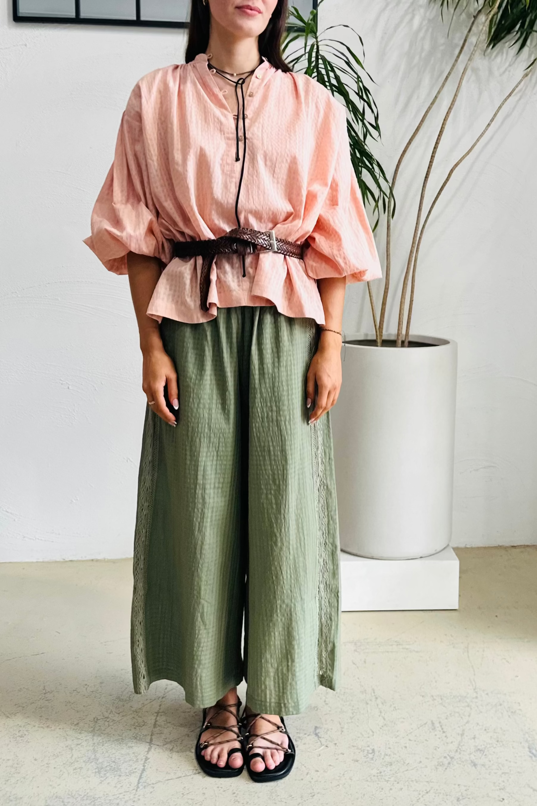 Olive Luxe Lace Wide-leg Crop