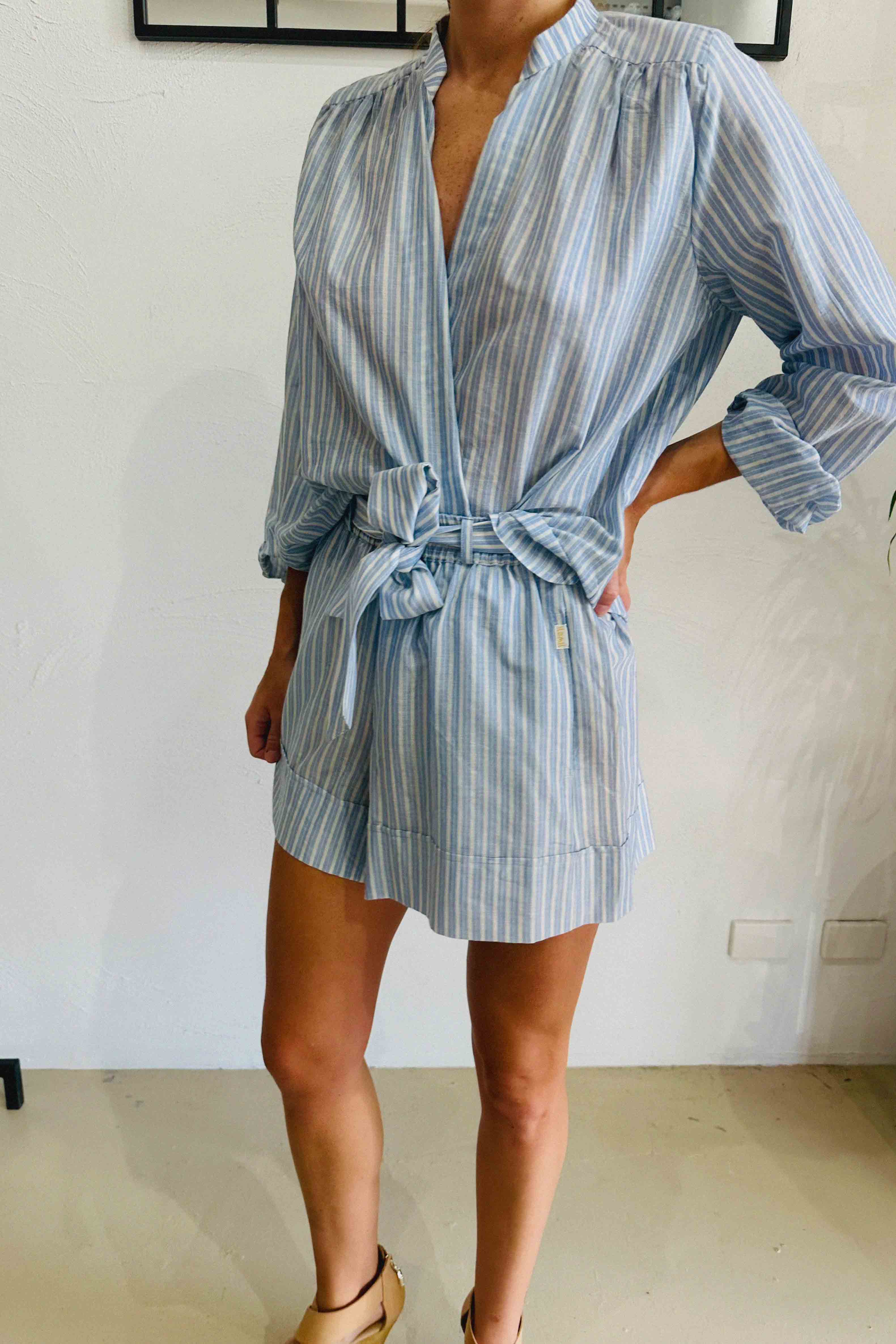 Blue Stripe Birdie Short Gathered Waist Organic Cotton