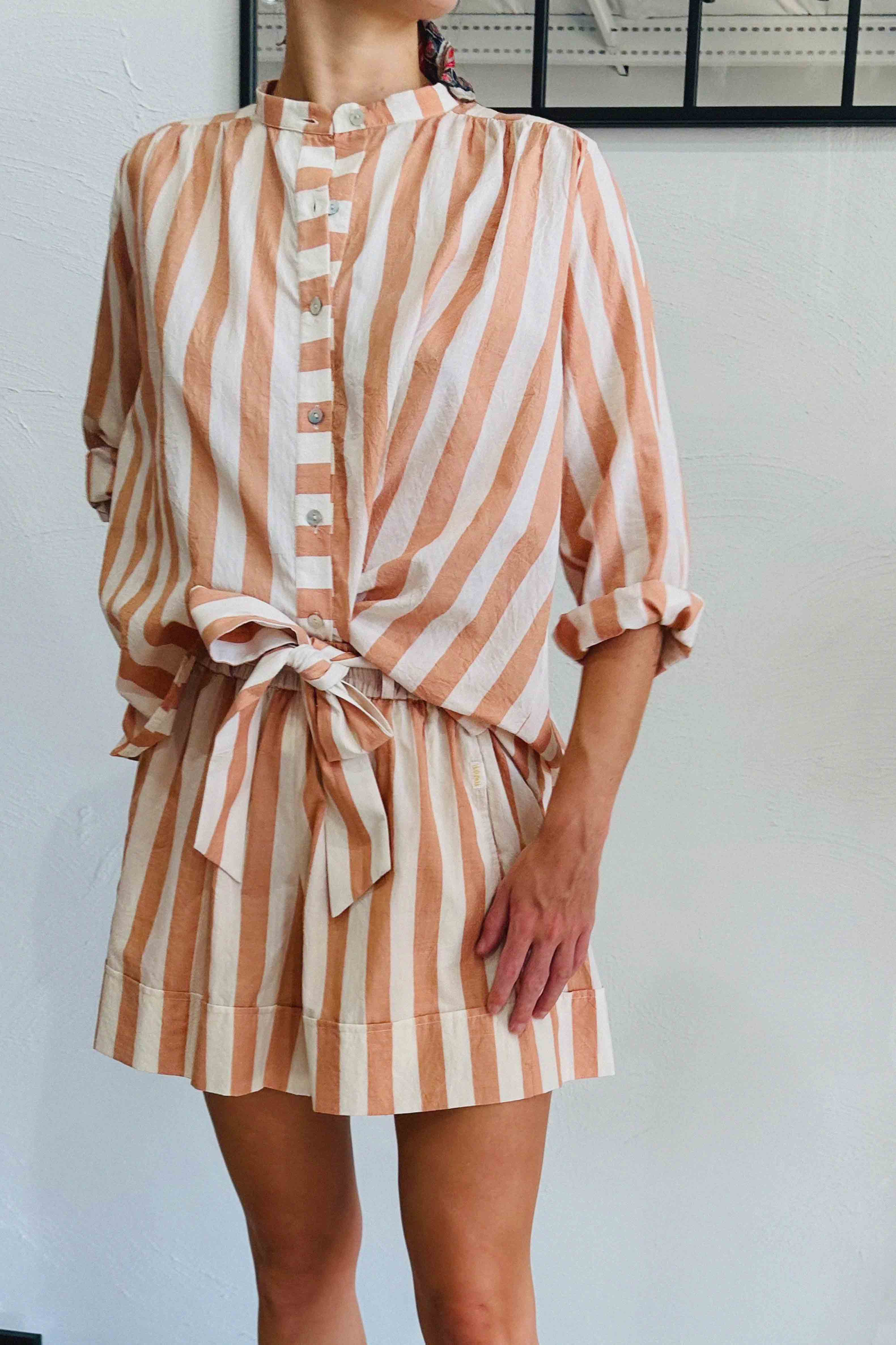 Coral Stripe Birdie Short Gathered Waist Organic Cotton