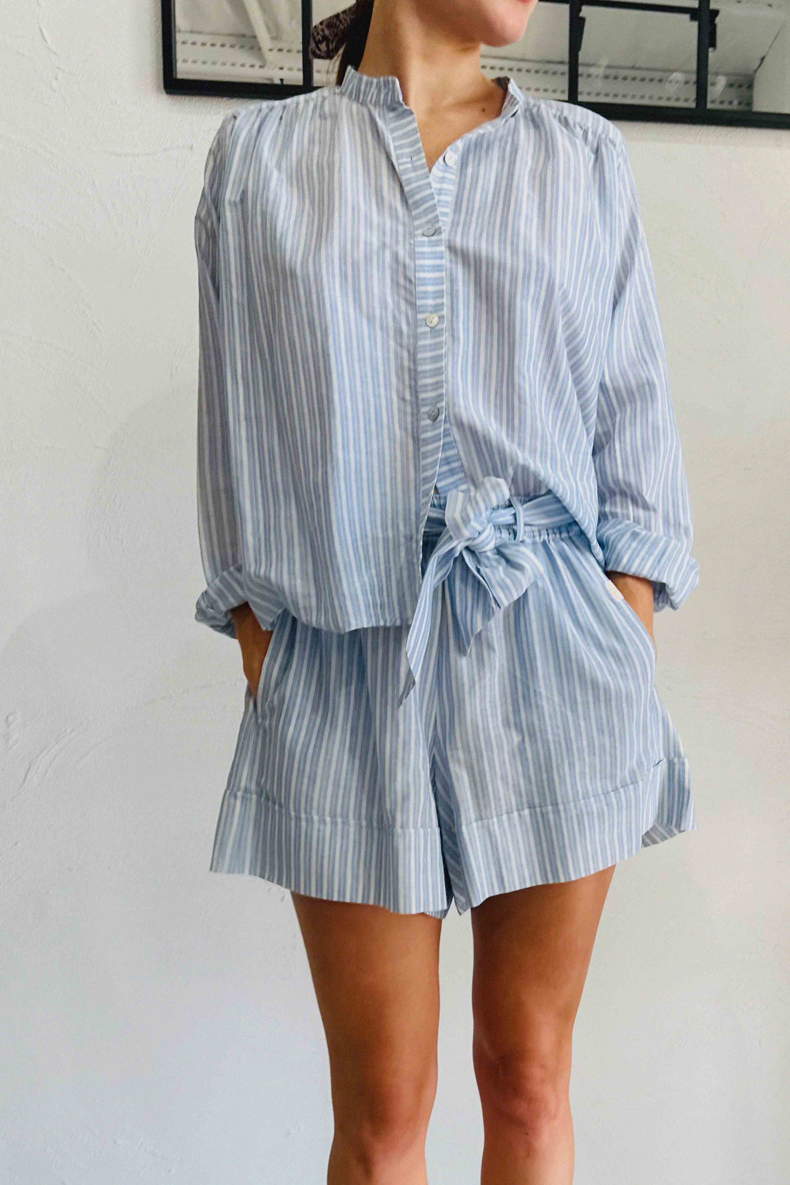 Blue Stripe Birdie Short Gathered Waist Organic Cotton