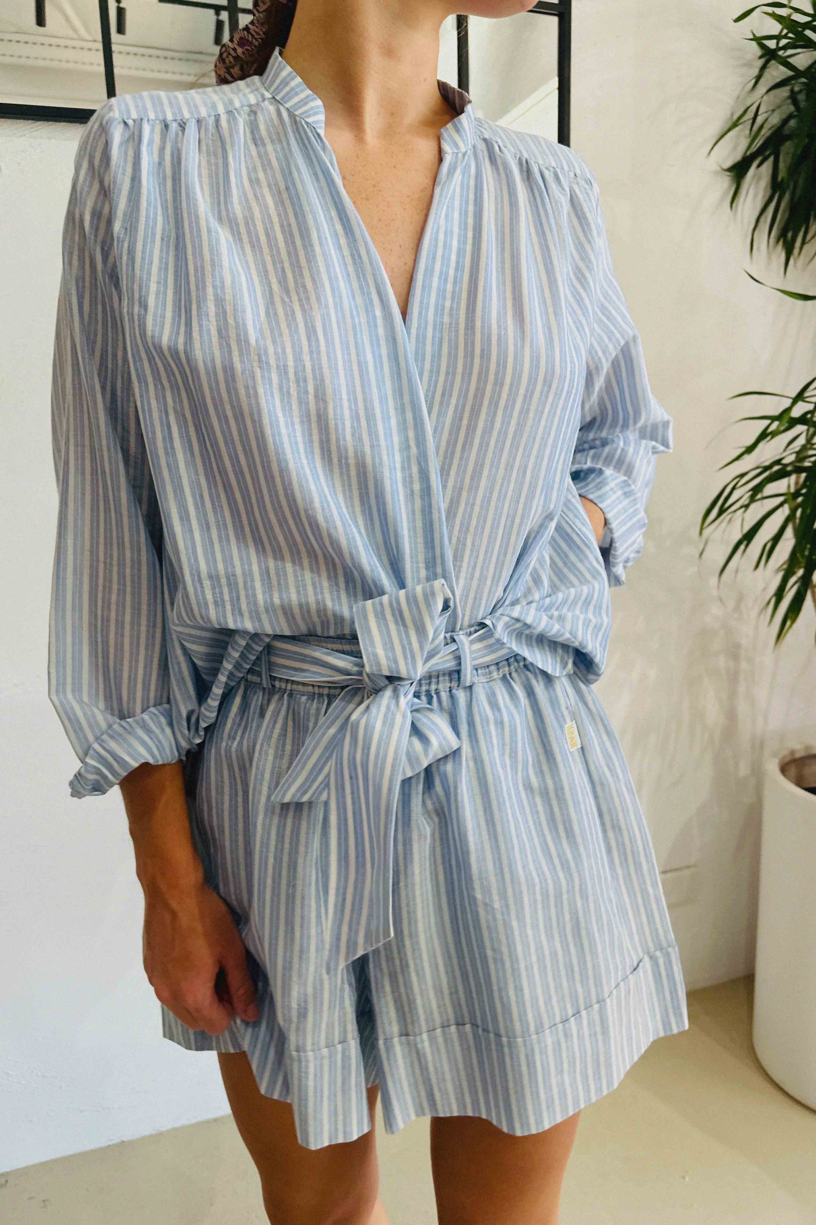 Blue Stripe Birdie Short Gathered Waist Organic Cotton
