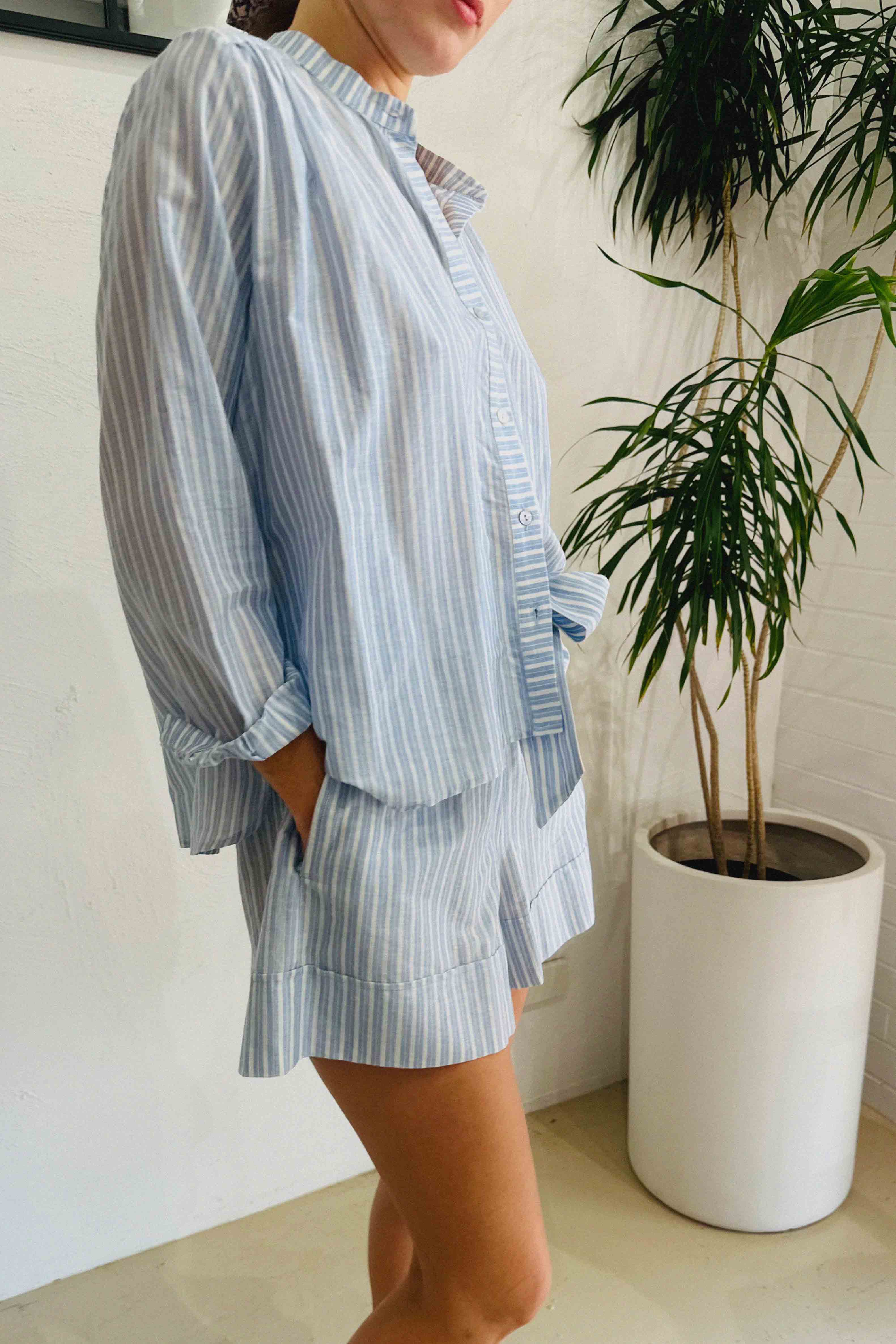 Blue Stripe Birdie Short Gathered Waist Organic Cotton