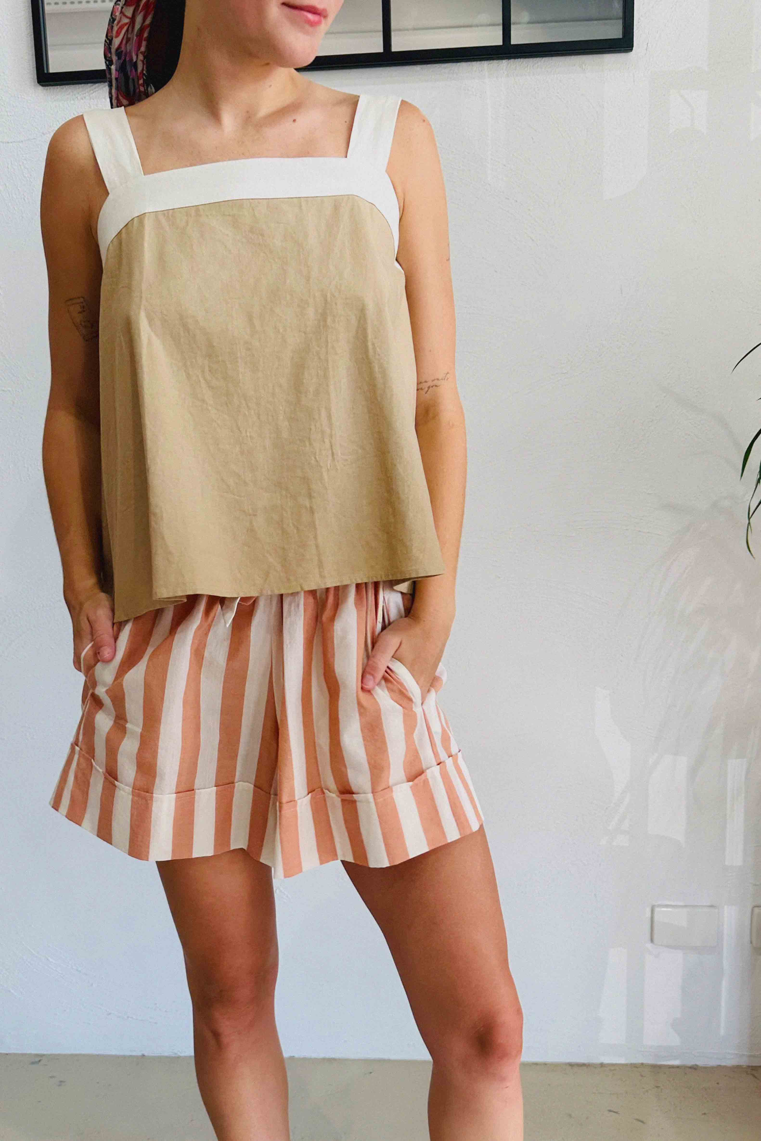 Coral Stripe Birdie Short Gathered Waist Organic Cotton