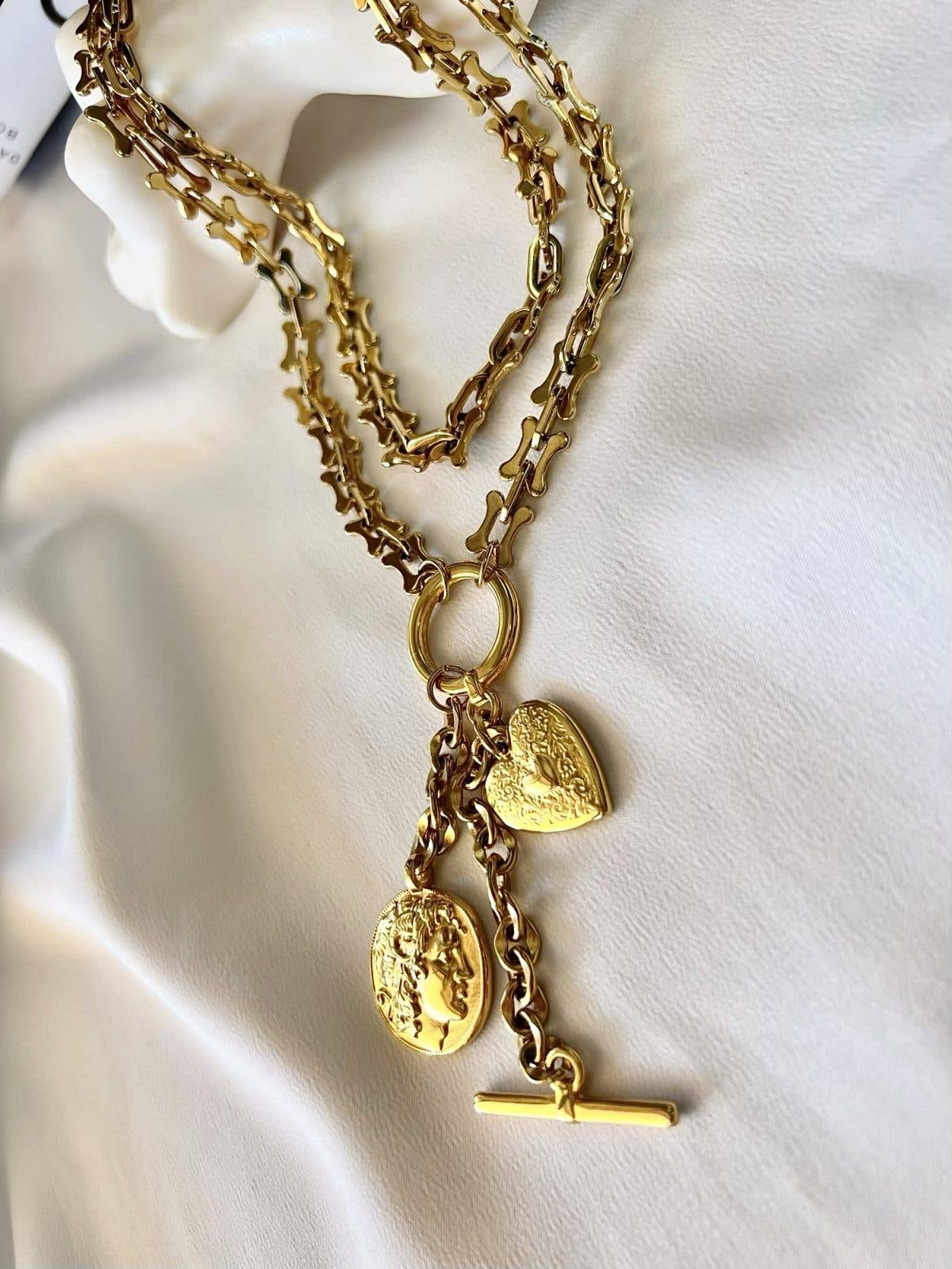 Gold Charm Lariat And Long Necklace: Lariat Necklace