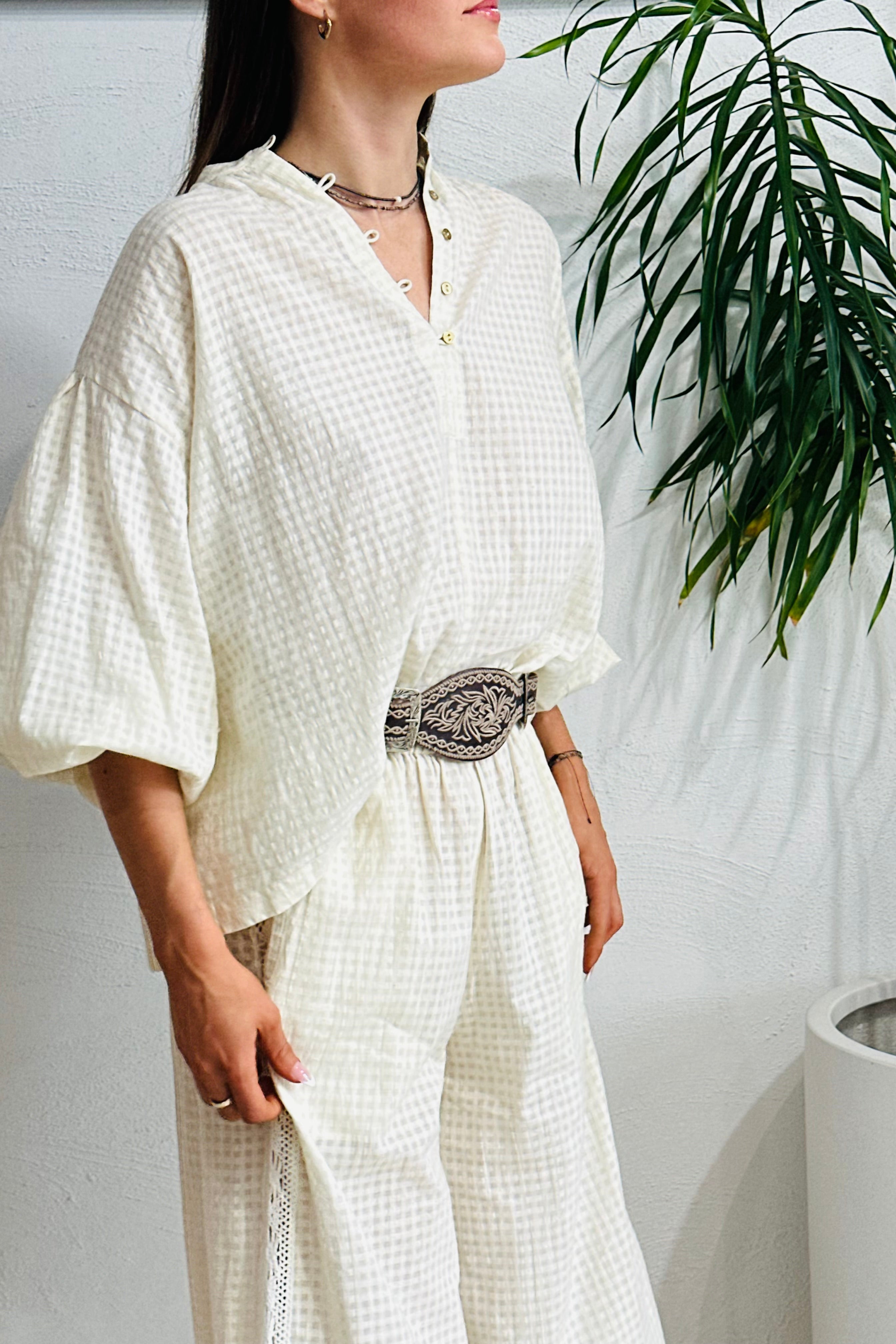 Cream Check Birdie Organic Cotton Blouse