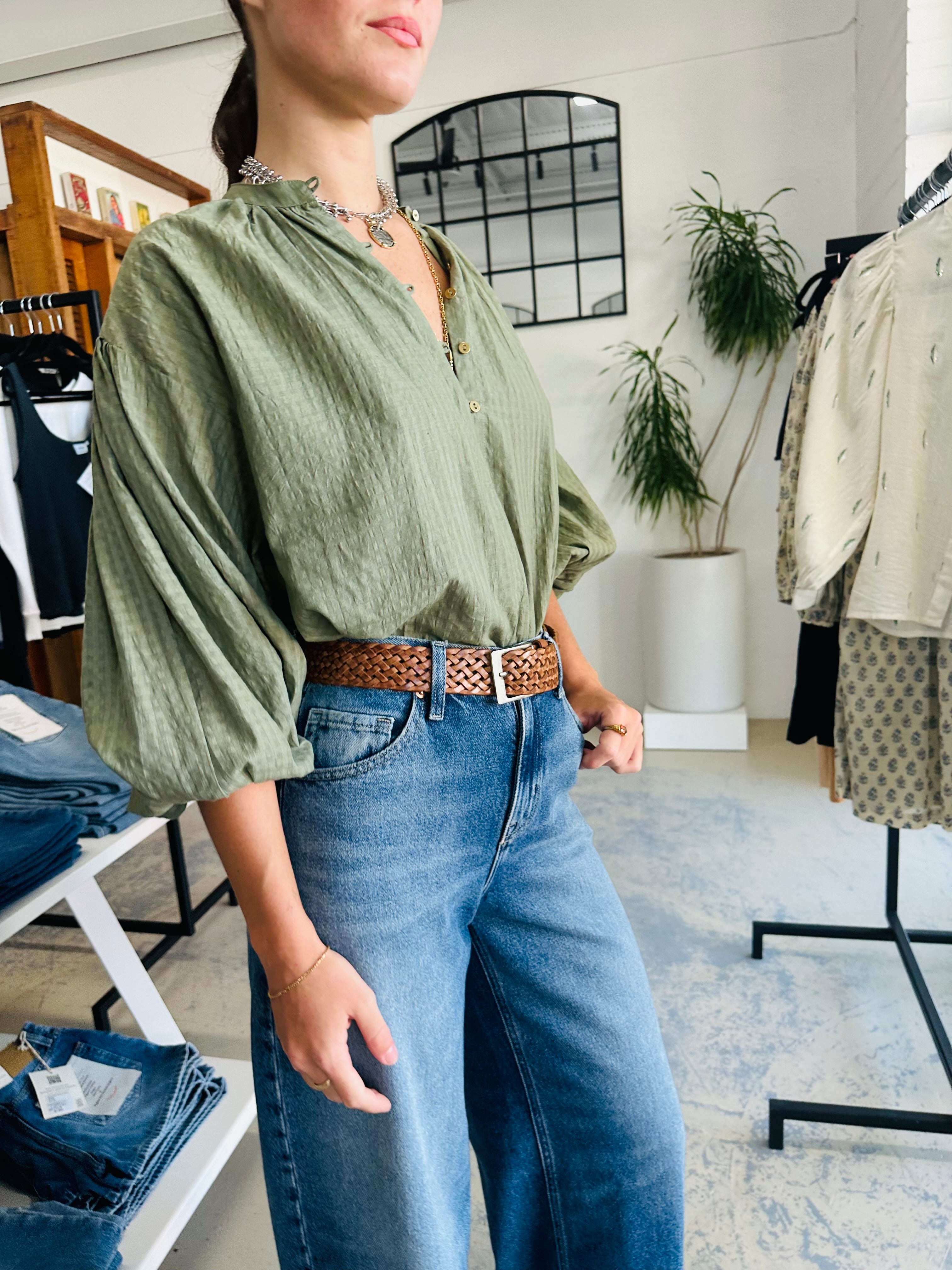 Olive Check Birdie Organic Cotton Blouse