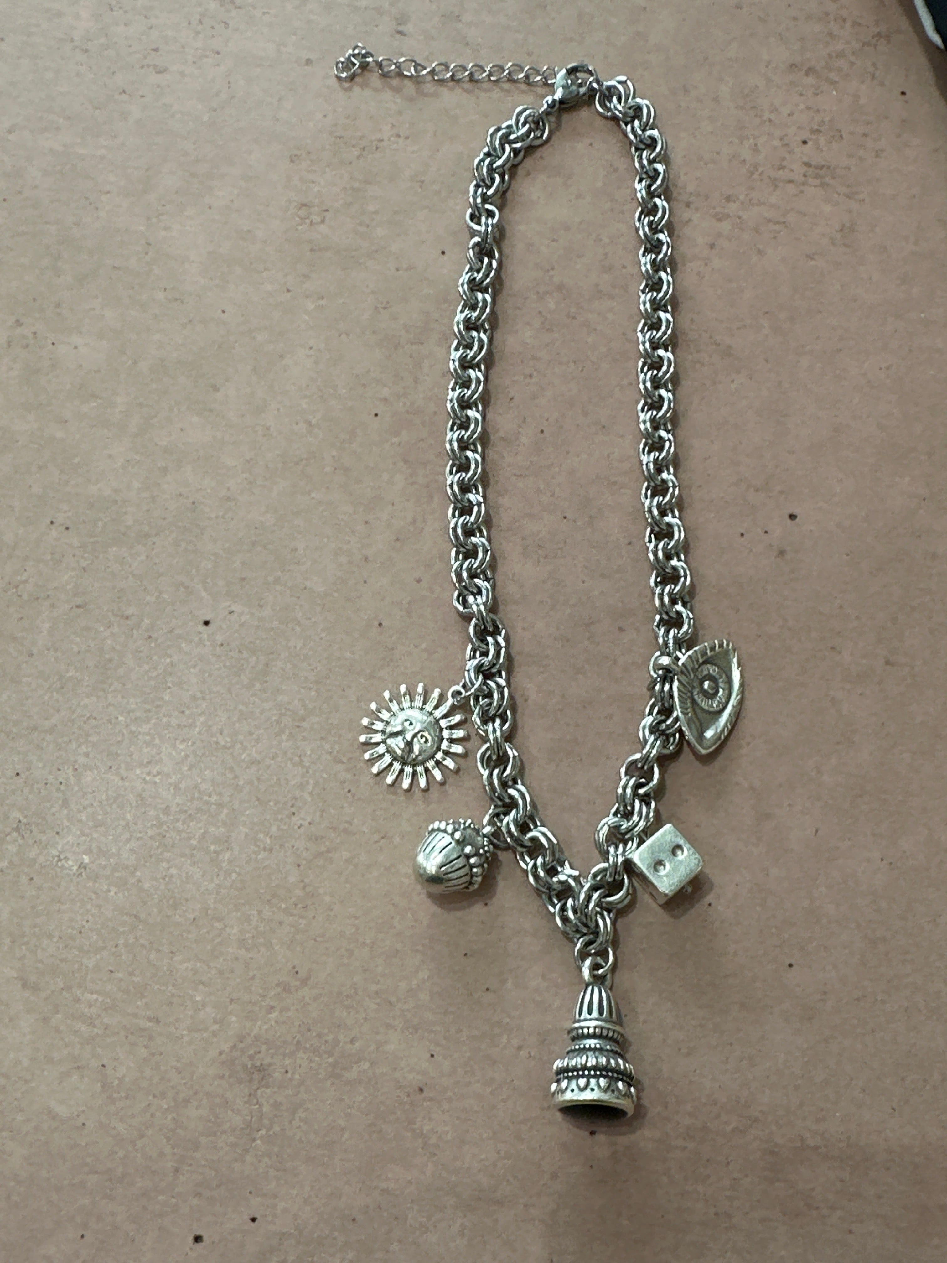 Silver chunky chain necklace with luck and vintage charms  : Necklace
