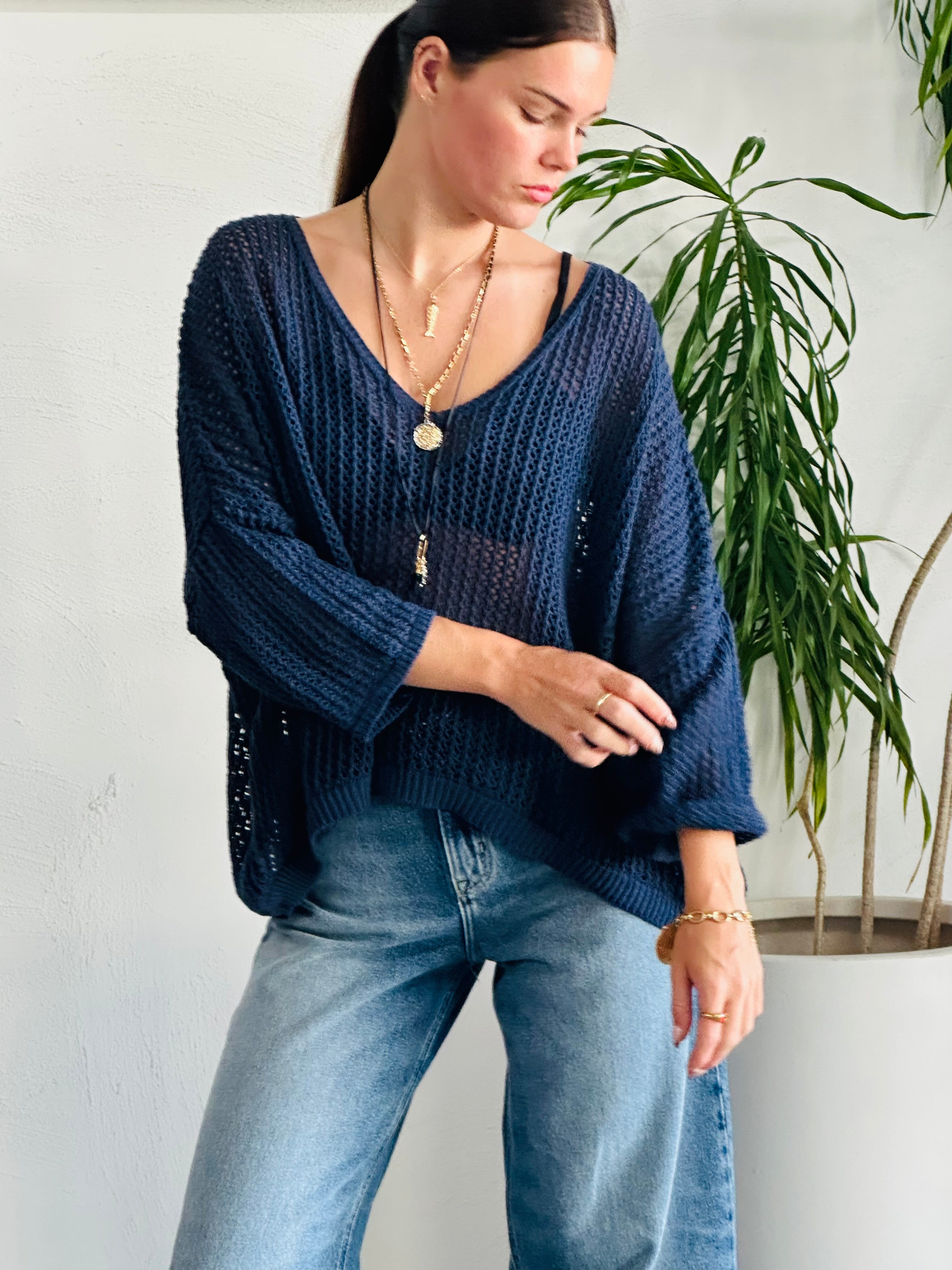 Cotton Lattice Knit - Navy