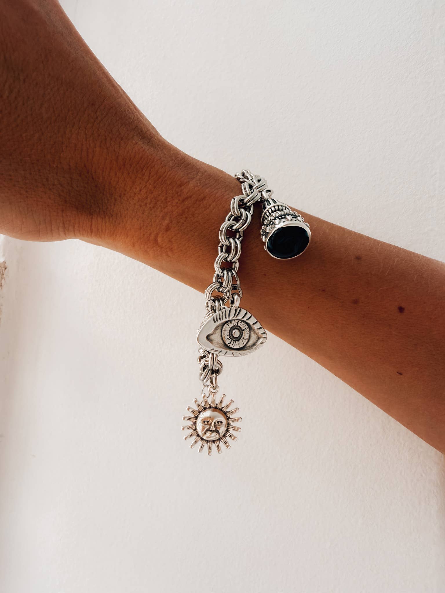 Silver chunky chain necklace with luck and vintage charms  : Necklace