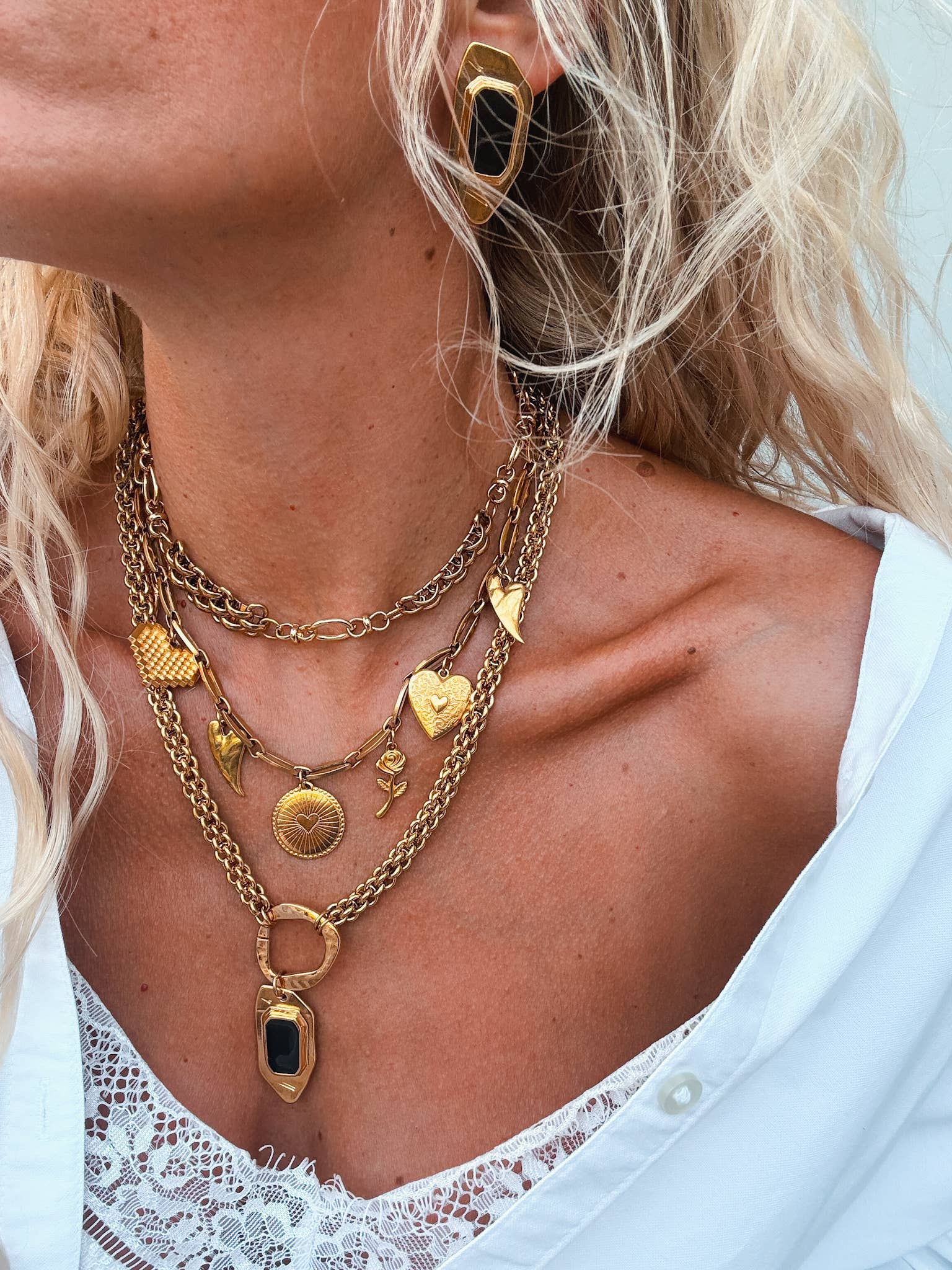 Statement gold charm necklaces with chunky chains: Black enamel detail tag Necklace