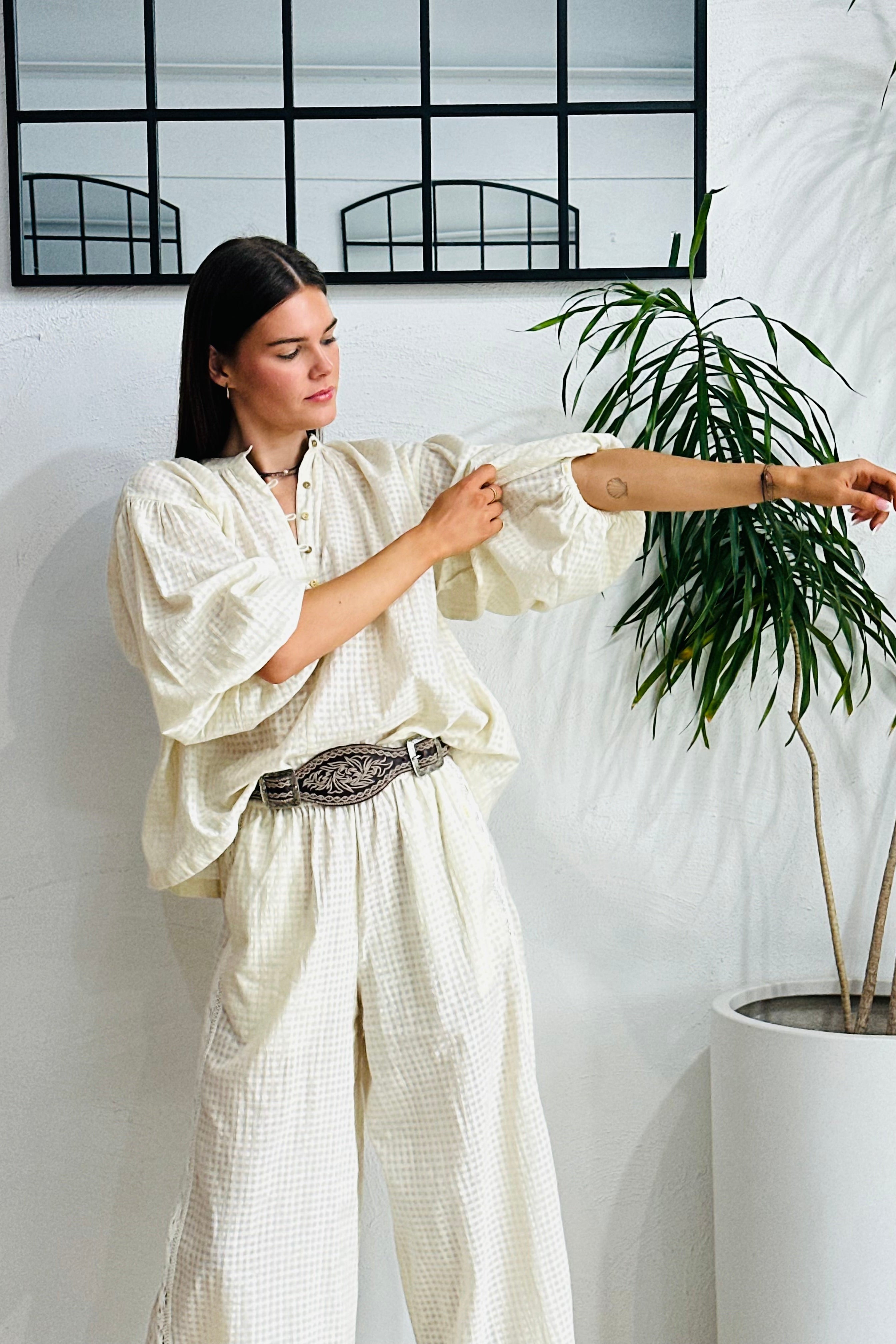 Cream Check Birdie Organic Cotton Blouse
