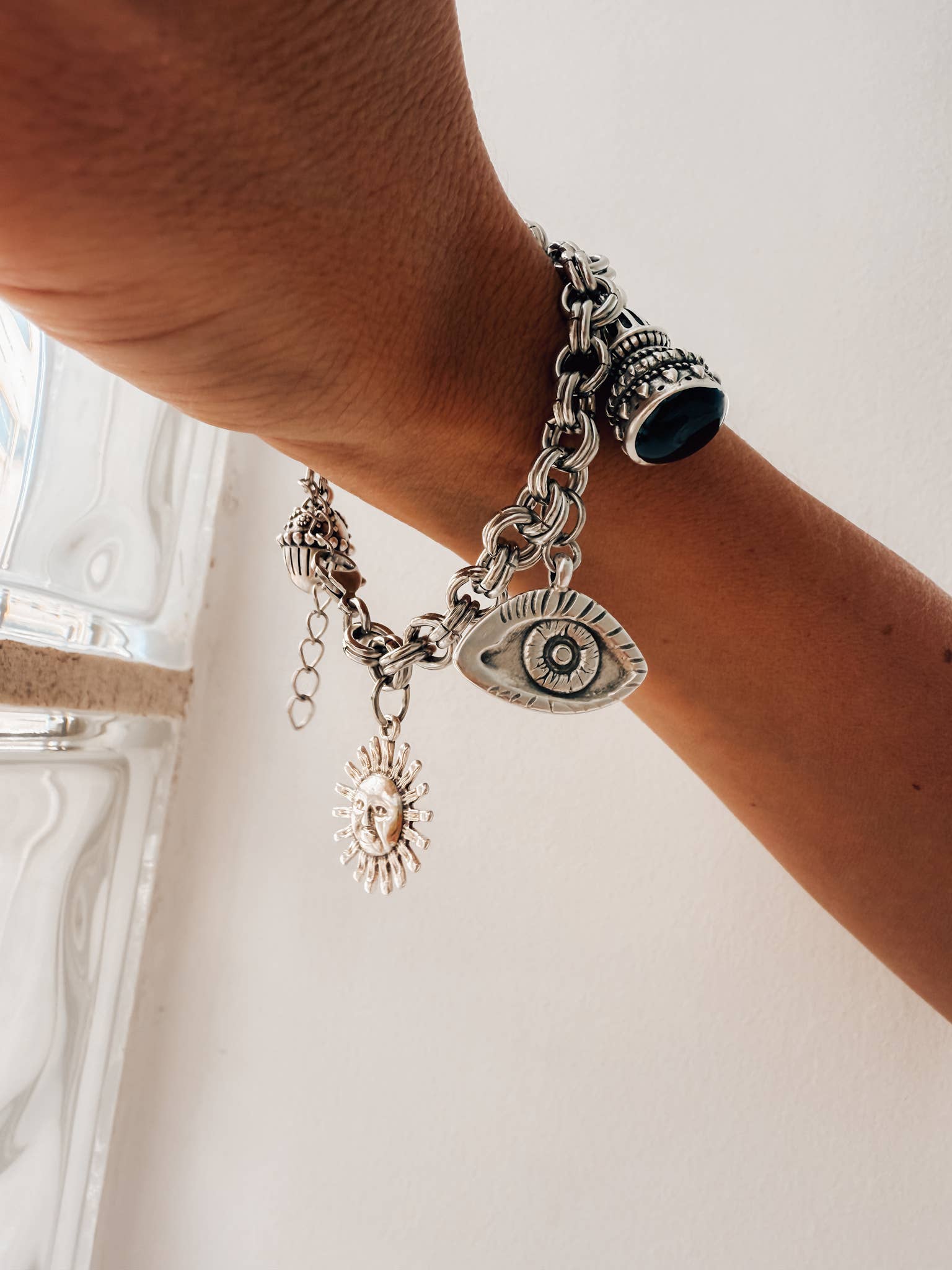 Silver chunky chain necklace with luck and vintage charms  : Necklace