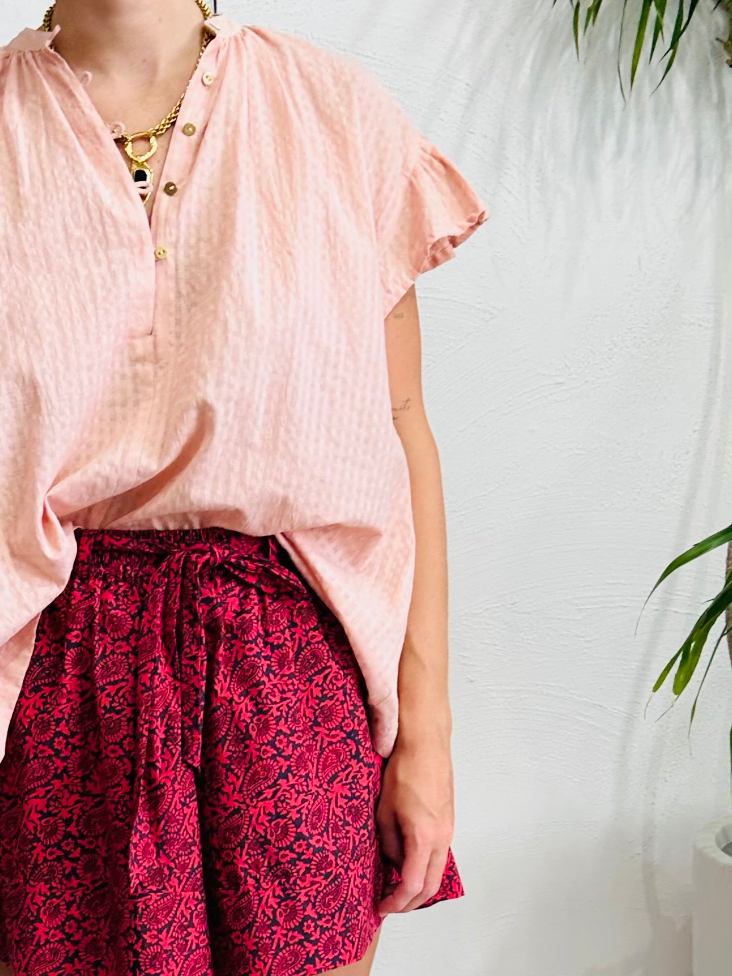 Red Paisley Short  Gathered Waist Organic Cotton