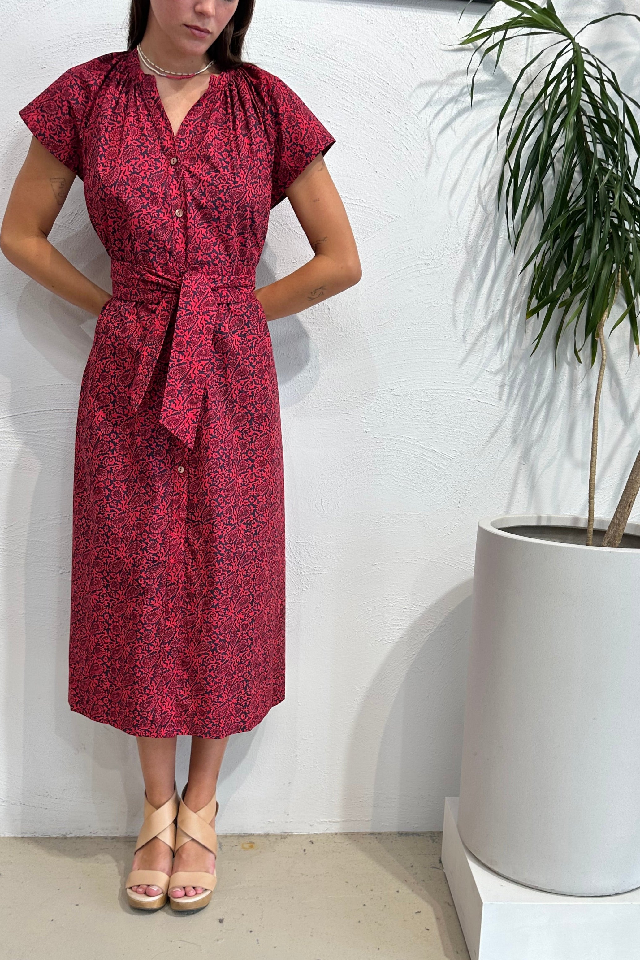 Red short sleeve Shadow Paisley Dress