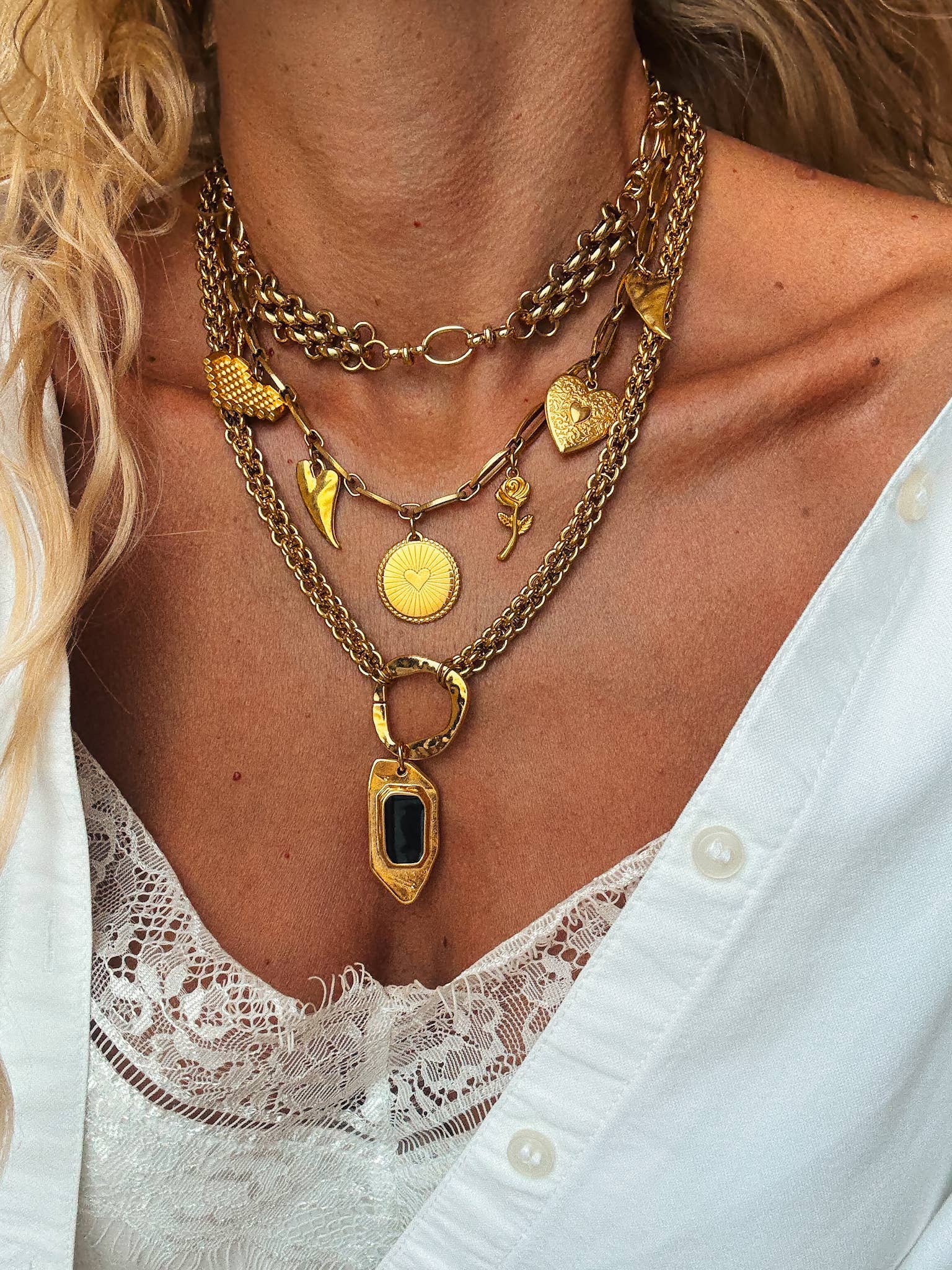 Statement gold charm necklaces with chunky chains: Black enamel detail tag Necklace