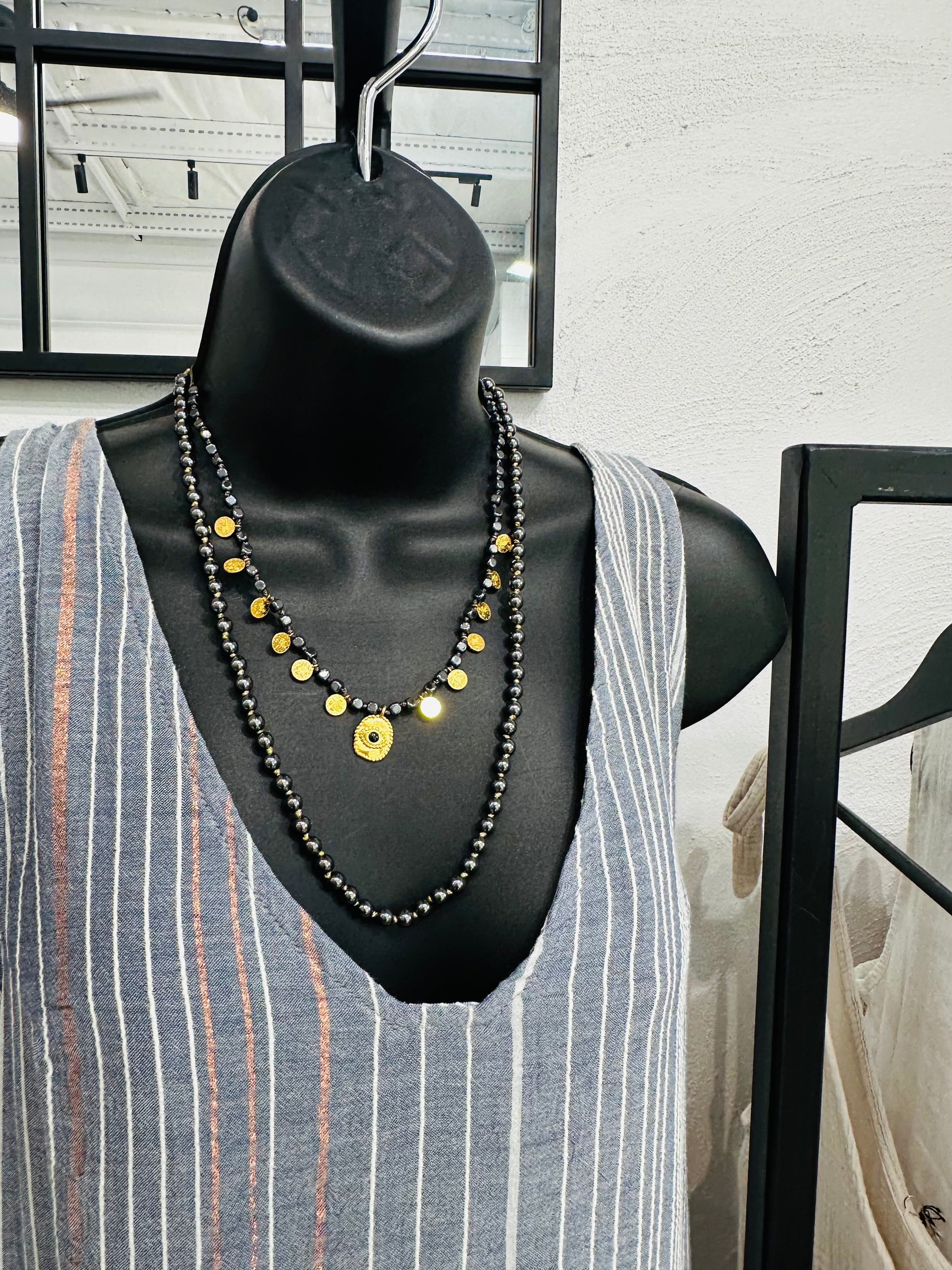 Long Black hematite beaded necklace