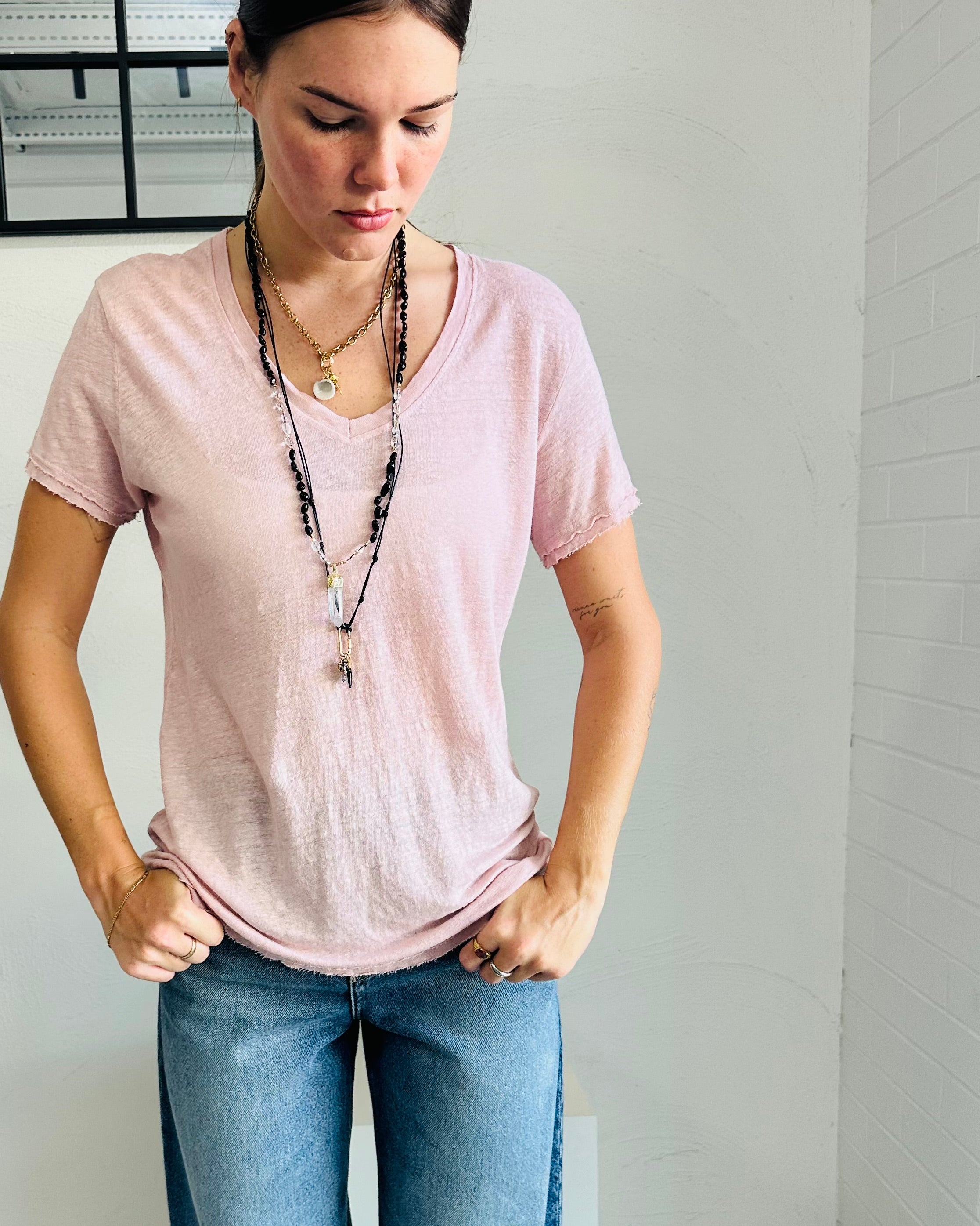 Kate Pink  V-neck linen tee
