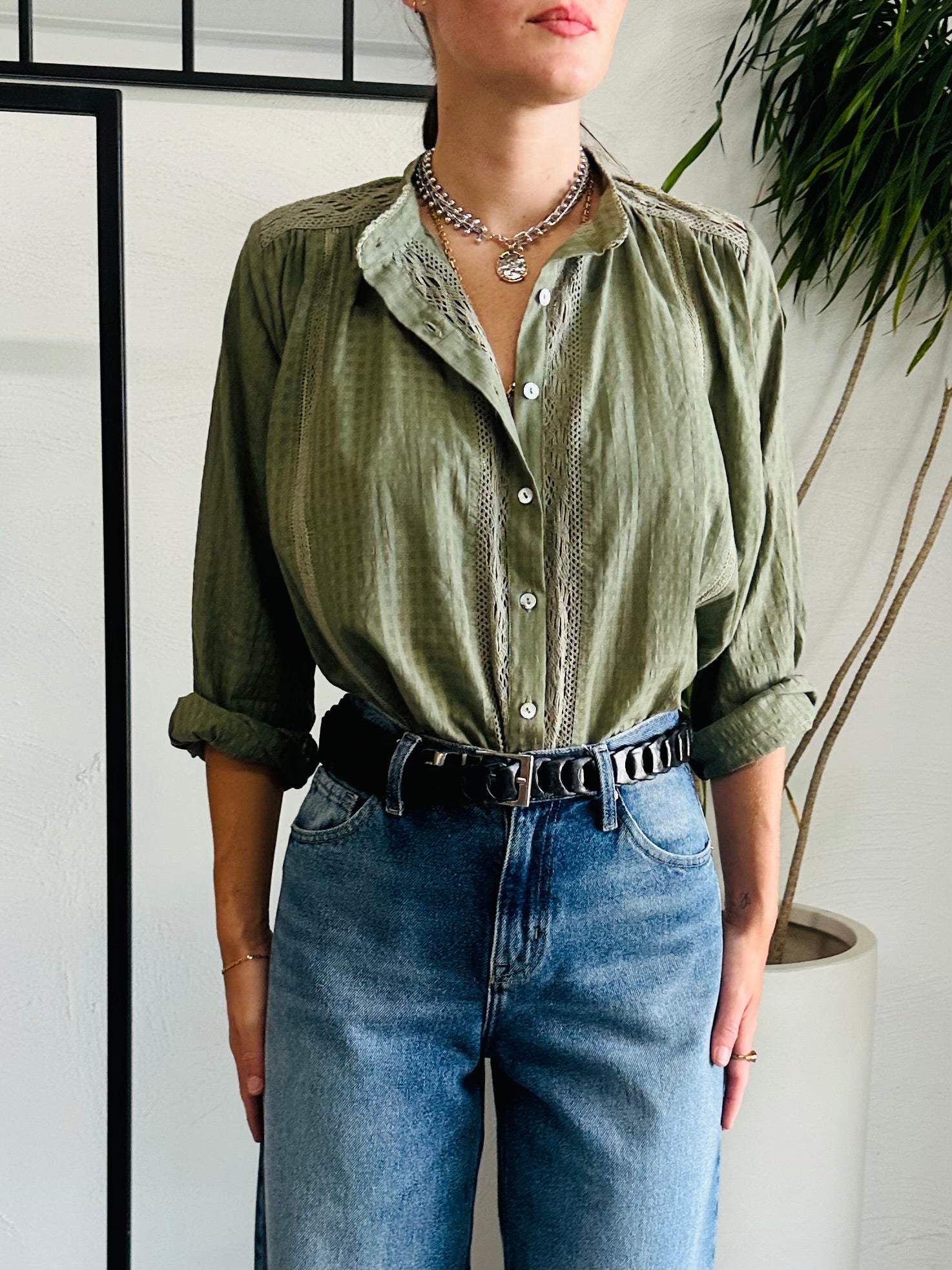 Olive Check Lucy Organic Cotton Blouse