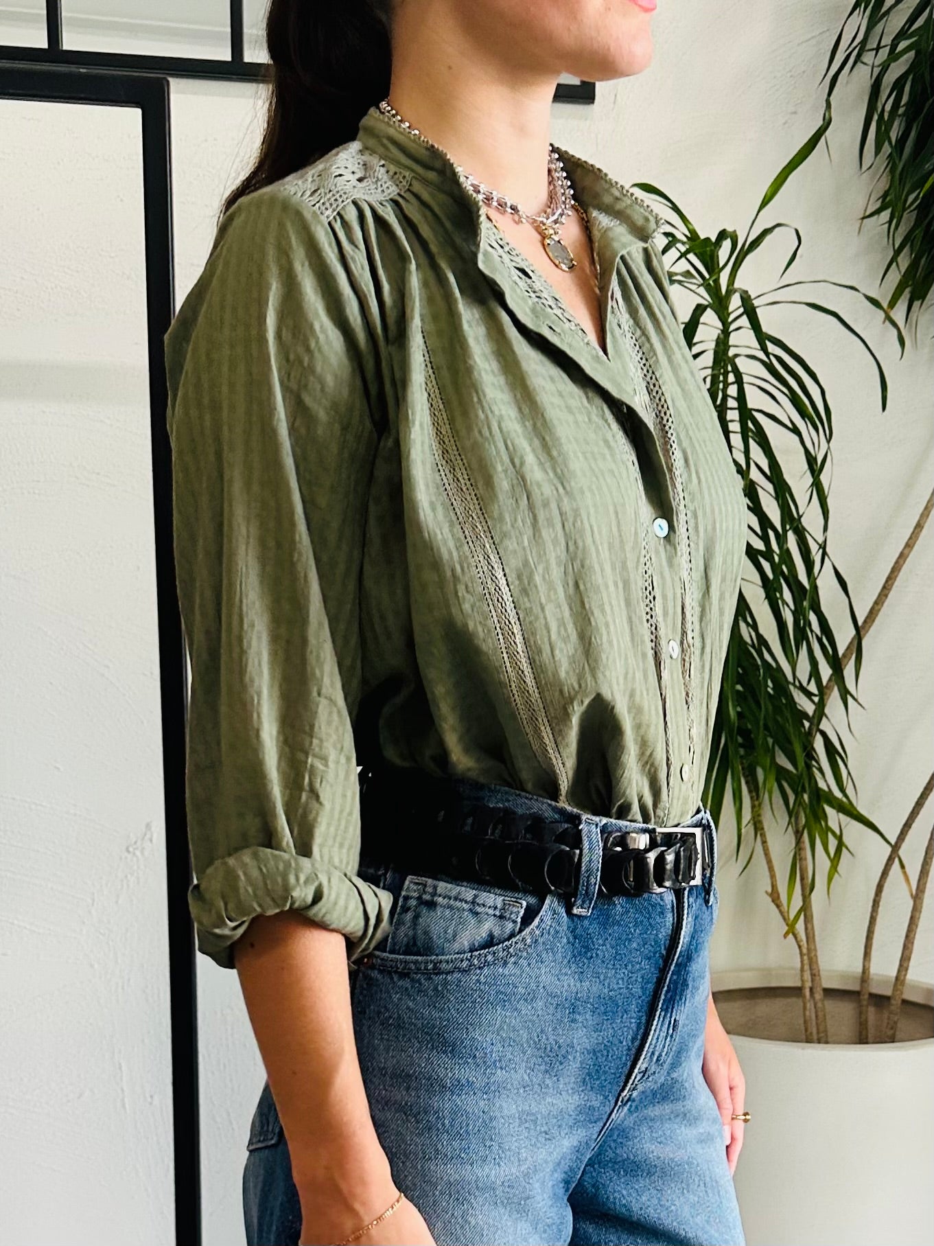 Olive Check Lucy Organic Cotton Blouse