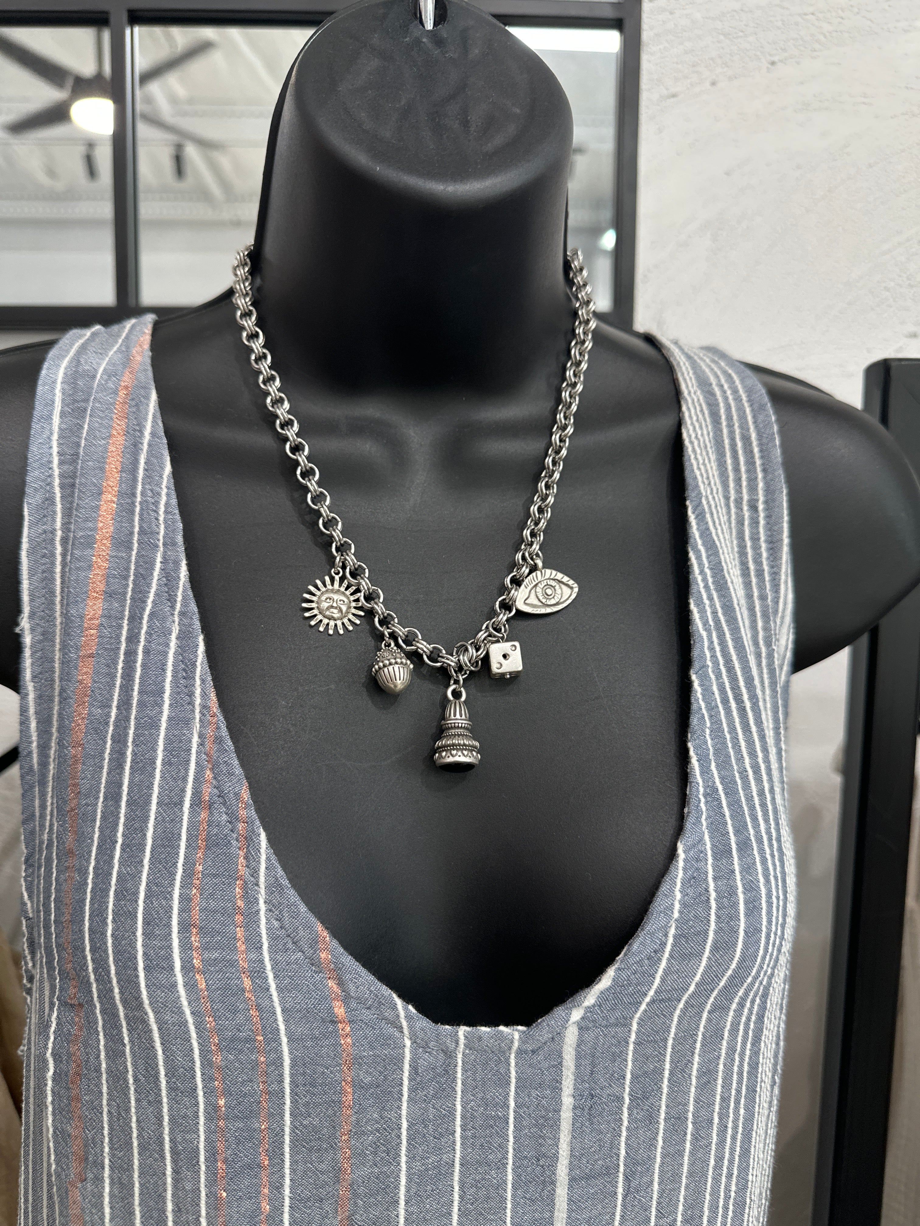 Silver chunky chain necklace with luck and vintage charms  : Necklace