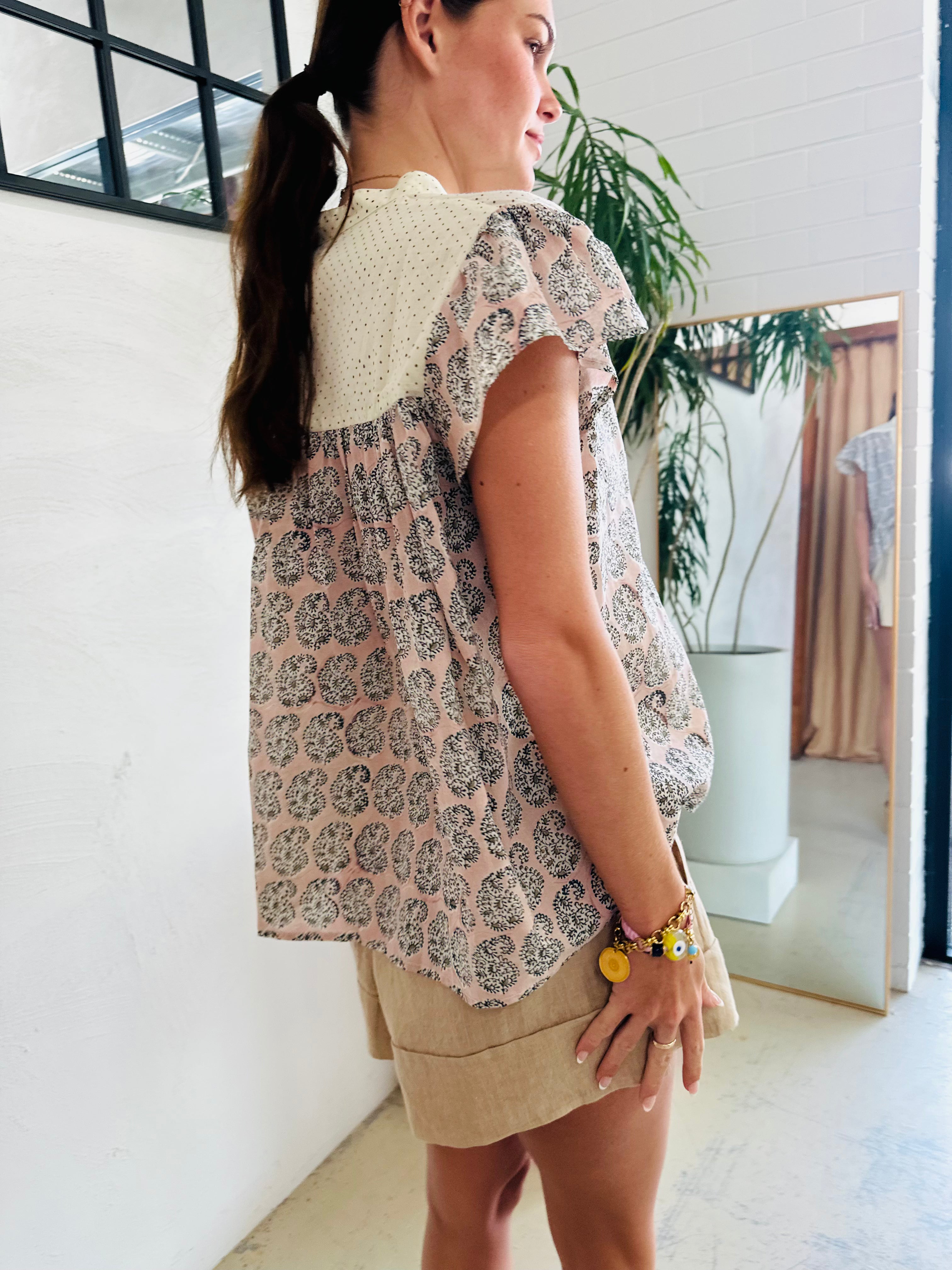 Frill Polka  Paisley Organic Cotton Blouse