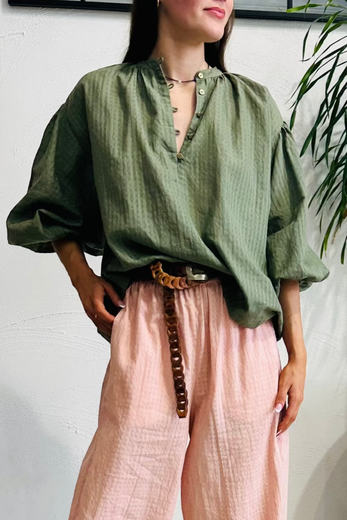 Olive Check Birdie Organic Cotton Blouse