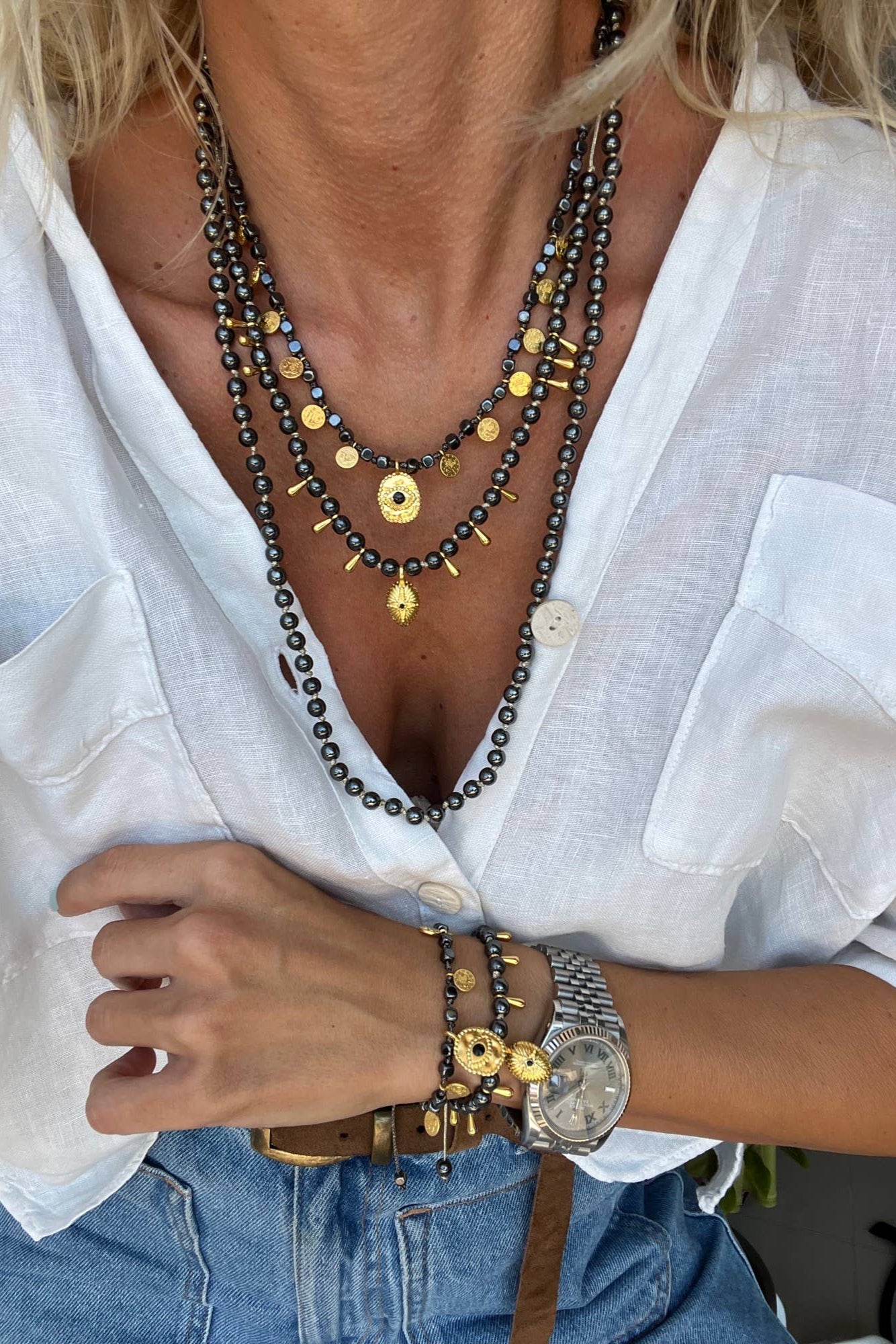 Chocker Charm / Black hematite beaded necklace