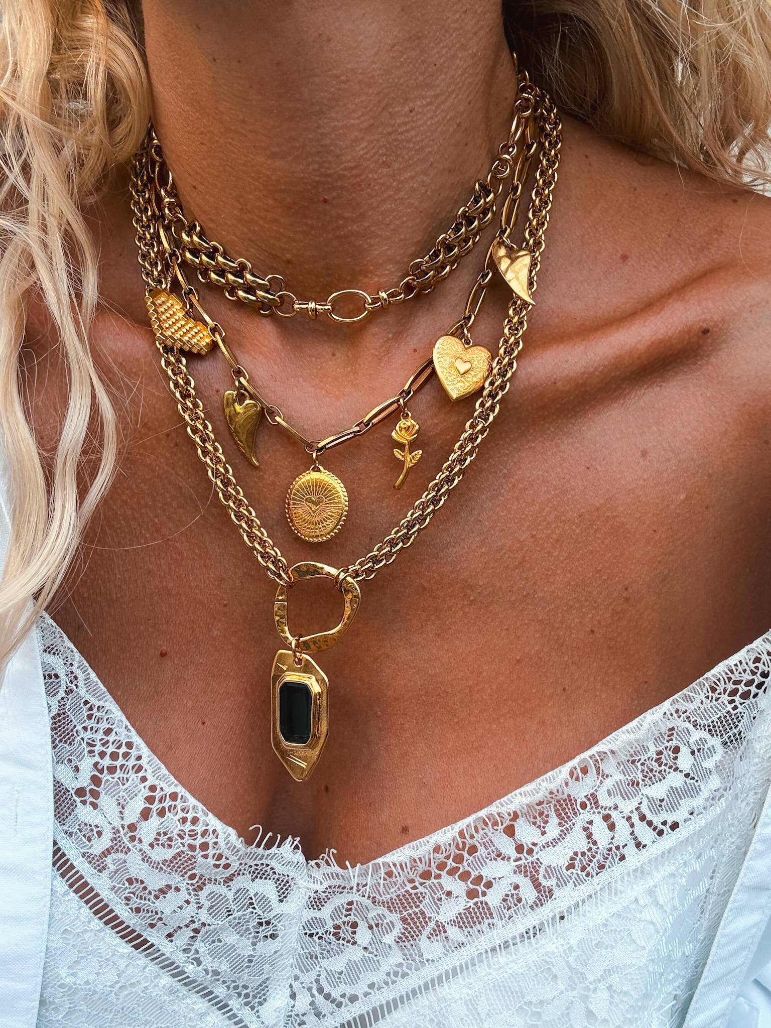Statement gold charm necklaces with chunky chains: Black enamel detail tag Necklace